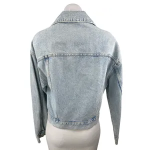 Zara Blue Acid Wash Long Sleeve Pockets Button Down Crop Denim Coat Jacket Sz S thumbnail 2
