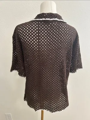 Elan Crochet Button-Up Cover-Up TOP, Brown/White, Size Medium, NWT thumbnail 5