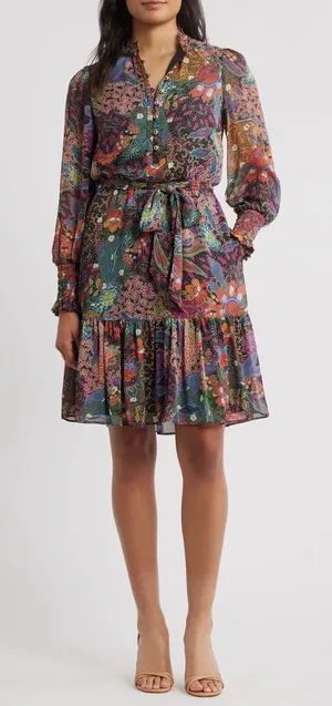 Vince Camuto Floral Paisley Long Sleeve Mini Dress Ruffle Neck Belted Colorful thumbnail 1