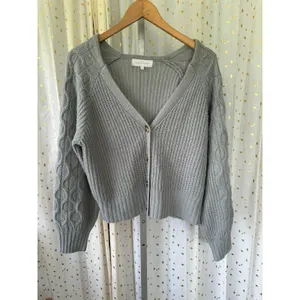 Ally Mae Gray Cable Knit Rib Stitch Button Down Balloon Long Sleeve Cardigan L thumbnail 2