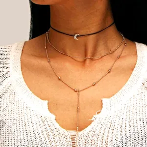 Boutique NEW Gold Dainty‎ Leather Moon 3 Layer Adjustable Necklace thumbnail 1