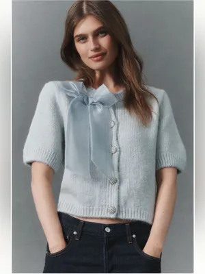 Anthropologie Maeve Short-Sleeve Bow Cardigan Sweater thumbnail 2