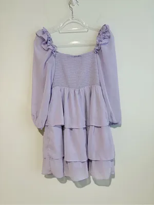 Byinns Smocked Ruffle Mini Dress Square‎ Neck Long Sleeve purple size small thumbnail 3