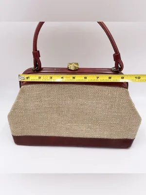 Vintage 50s 60s Top Handle Satchel Bag Red Leather Tweed Purse Midcentury Modern thumbnail 10