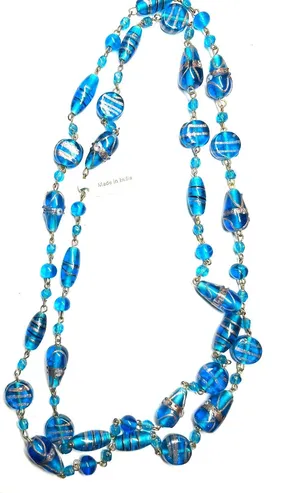 New artisan necklace double layer crafted handmade blue Venetian glass beads 24" thumbnail 1