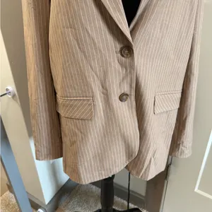 WAYF Double Breasted Brown White Pinstripe Blazer Business Work Career Neutral M thumbnail 4