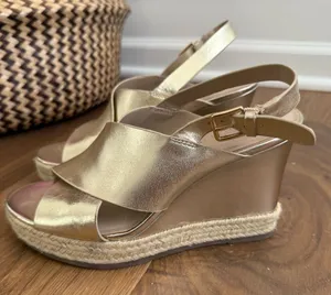 H by Halston Gold Leather Stella Slingback Wedge Sandal 7 thumbnail 1