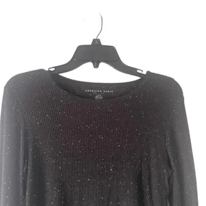 American Eagle Women's Size Large Black‎ Speckled Lettuce Edge Cropped Top thumbnail 2