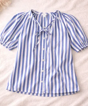 J.Crew Blue White Striped Blouse Tie Neck Puff Sleeve Coastal Chic thumbnail 1