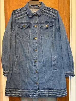 Jessica London Embroidered Long Denim Jacket Button Front Jean Coat Trench 12W thumbnail 1