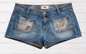 Mini‎ Denim Shorts Womens 27 Blue Floral Patch Pocket Low Rise Stretch Y2K Paige thumbnail 1