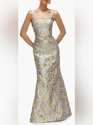 NEW DESSY COLLECTION Metallic Floral Brocade Trumpet Winter Mist Gown Sz 16 thumbnail 4