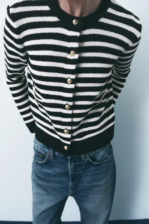 Zara button up sweater cardigan knitted stripped golden button thumbnail 8