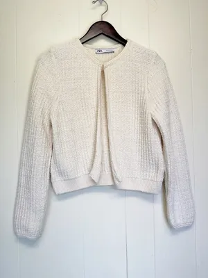 ZARA Textured Knit Cropped Cardigan Sweater Cream Ivory Luxury Size Small thumbnail 2