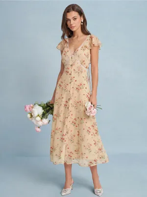 Rihoas Yellow Butterfly Sleeve Tie Floral Midi Dress thumbnail 3