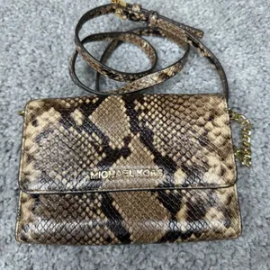 Michael Kors Jet Set Snakeskin Embossed Leather Crossbody Bag Brown Gold Tone thumbnail 1