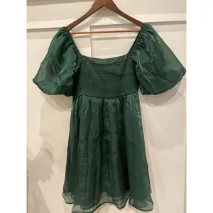 Entro Green Organza Party Bubble Sleeve Mini Dress, L thumbnail 9