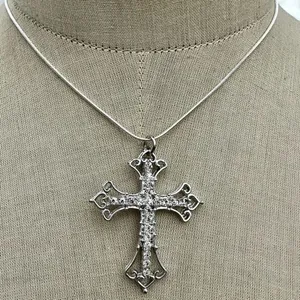 Silver tone rhinestone cross necklace thumbnail 2
