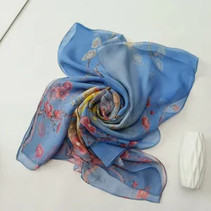 Deep Blue Floral Fashion Scarf - Women's Chiffon Printed Silk Soft Fashion Wrap thumbnail 2