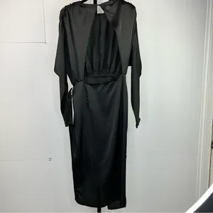 PrettyLittleThing High Slit Wrap Dress Womans 8 Black Satin Open Back Clubwear thumbnail 11