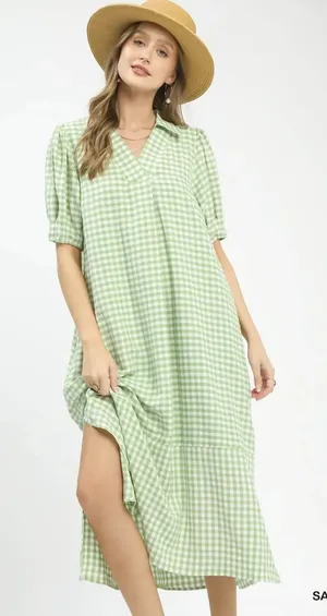 Umgee‎ Gingham Midi Dress with Side Pockets - Small thumbnail 1
