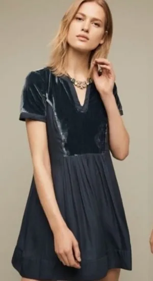 Anthropologie Maeve Blue Velvet Ingrid‎ Mini Tunic Dress Size: SP thumbnail 1