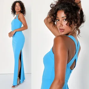 NWT Lulus Glamorous Dedication Blue Sleeveless Column Maxi Dress Wedding Size L thumbnail 5