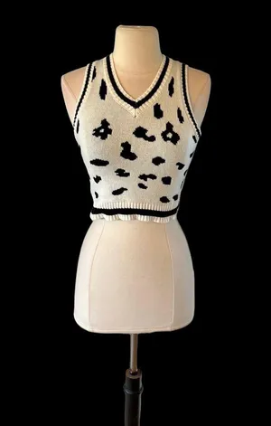 Crop Sweater White Black V Neck Lightweight Womens Small thumbnail 2