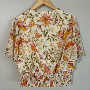 Haver + Blair Floral Smocked Blouse XL Gold Thread Boho Flutter Sleeve Top thumbnail 7