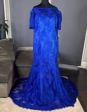 Women’s Full Length Blue Mermaid Fit Off the Shoulder Formal Dress Train Size 18 thumbnail 1