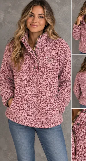 Realtree by Colosseum Pink Sherpa Snap-Up Pullover Fleece Jacket Size L thumbnail 1