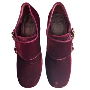 Tory Burch Carley Burgundy Velvet Double Buckle Block Heel Booties 6.5 thumbnail 2