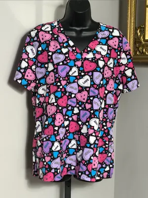 Divine Stretch by JDM Large Heart Print V-Neck Scrub Top thumbnail 1