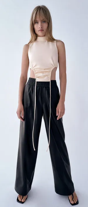 ZARA Black Faux Leather Wide Leg Pants Trousers thumbnail 1