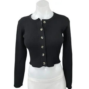 MOD REF Black Ribbed Knit Button Down Cropped Cardigan Sweater Top Size S thumbnail 1