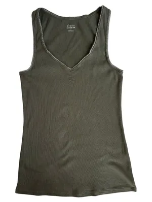 2007 Express Basic V Neck Metallic Trim Green Ribbed Tank Top 100% Cotton Small‎ thumbnail 1