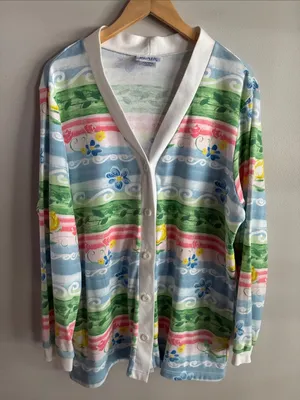 Vintage 90s Pastel Floral Cardigan Womens XL Coastal Button Front Oversized thumbnail 1