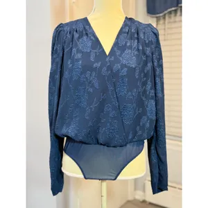 Lulus Navy Blue Floral Jacquard Surplice Long Sleeve Bodysuit Medium Dressy Chic thumbnail 2