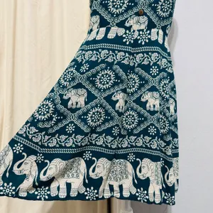 Boho Elephant Print Sundress Dress Size‎ S Teal Cream Smocked Back Mini Thailand thumbnail 3
