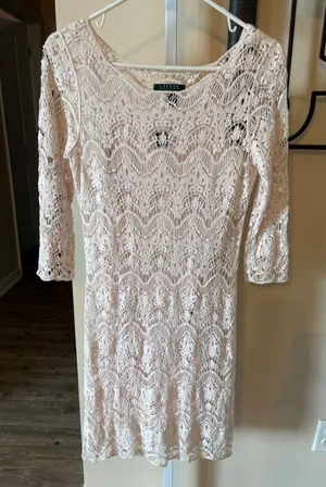 Lauren Ralph Lauren Pink Crochet Lace Sheath Dress 3/4 Sleeve Scoop Neck Size S thumbnail 1