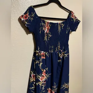 Omonsim Navy Floral Off-Shoulder Maxi Dress | Asymmetrical Hem Boho Romantic thumbnail 4