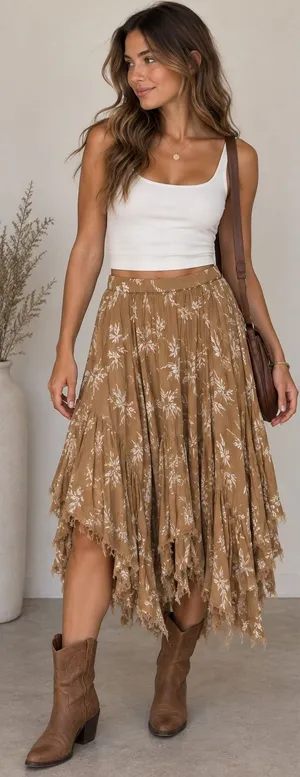 Boho Floral Handkerchief Midi Skirt Brown Raw Hem Asymmetrical Festival Fairy thumbnail 1