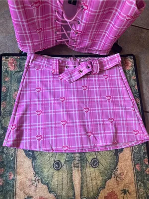 Dolls Kill bratz set Pink Plaid Lace-Up Crop Top & Belted Mini Skirt Set thumbnail 11