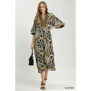 Umgee Abstract Print Midi Dress - Olive Mix - Small thumbnail 4