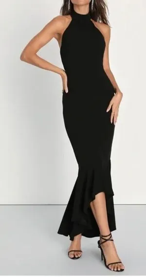 NWT Lulus Elegant Grace Sleeveless Tiered Halter High-Low Maxi Dress L Black thumbnail 1