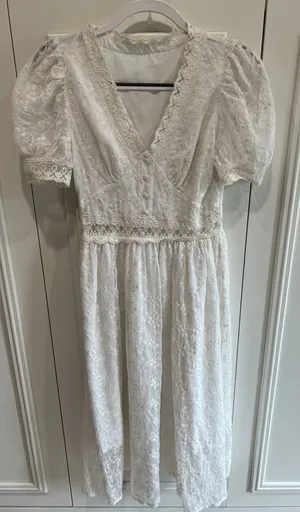 Womens White Lace Overlay Midi Dress Size Small Puff Sleeve Cottagecore Coquette thumbnail 1