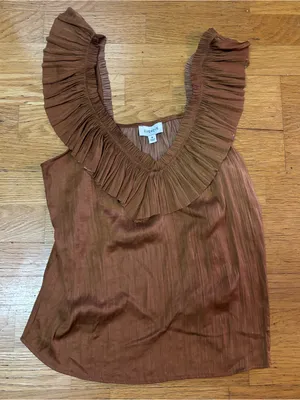 Evereve Dahlia Brown Bronze Ruffle Resortwear Boho Vacation Office Satin Tank M thumbnail 3