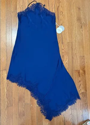 Camila Coelho Royal Blue‎ Lace Trim Asymmetrical Midi Dress Halter Neck NWT thumbnail 1