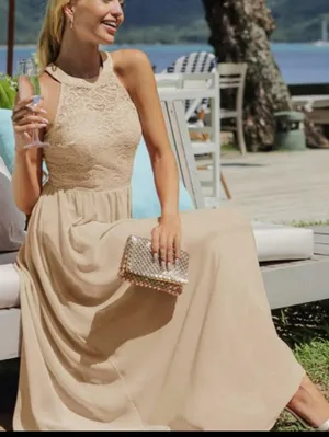 Formal cream color maxi halter Long Prom/ bridesmaid wedding dress size XXL New thumbnail 1
