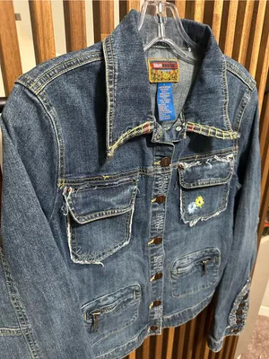 Blue Asphalt Vintage Denim Jacket Large Embroidered Flower Plaid Trim Y2K Cut thumbnail 2